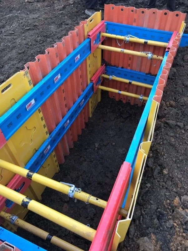 Colour-coded proprietary trench shoring system installed in an excavation
